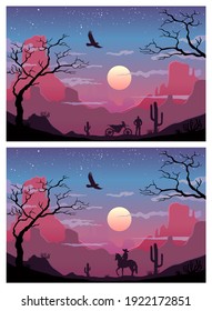 Two paintings from the past and the present. Cowboy on the horse and biker on the motorcycle travel in desert. Mountains and cactus on background panorama sunset sky. Vector flat color illustration