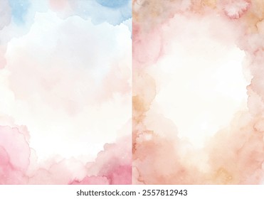 The two paintings are of a pink and blue sky with clouds. The sky is filled with a variety of colors, including pink, blue, and yellow. The clouds are scattered throughout the sky, with some larger