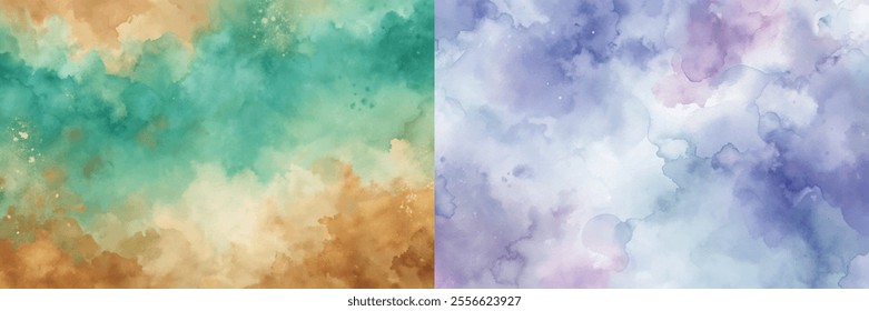 Two paintings of the sky with a blue and green background. The blue background is more prominent in the left painting