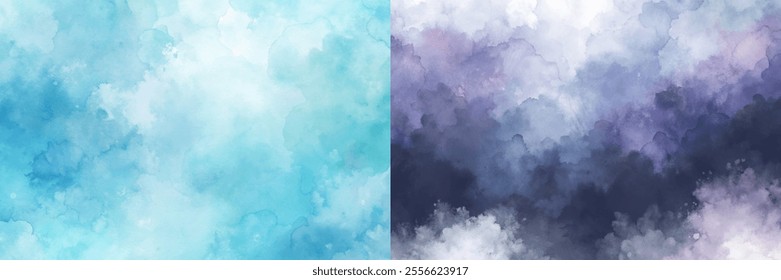 Two paintings of the sky with blue and purple tones. The blue sky is more prominent in the left painting, while the purple sky is more prominent in the right painting. The paintings have a dreamy