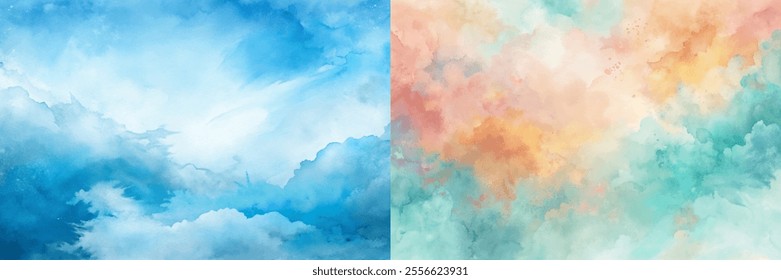 Two paintings of the sky with clouds. One is blue and the other is orange. The blue one is more serene and peaceful, while the orange one is more vibrant and energetic