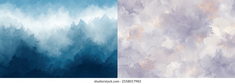 The two paintings are of the sky with clouds. One is blue and the other is white. The blue painting has a more intense and dramatic feel, while the white painting has a more serene and peaceful feel