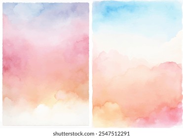 The two paintings are of a sky with clouds and a pinkish hue. The sky is filled with clouds of different sizes and shapes, and the colors are vibrant and lively. The paintings evoke a sense of freedom