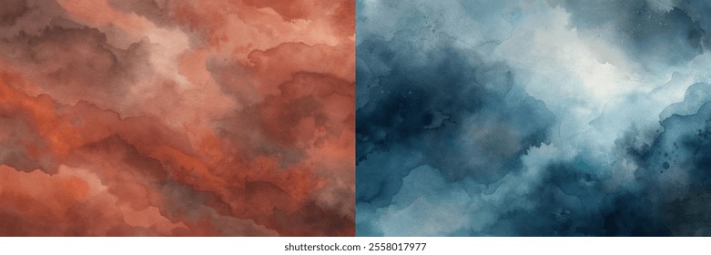 Two paintings of the sky with one being red and the other blue. The red one has a more intense and dramatic feel, while the blue one is more serene and calm