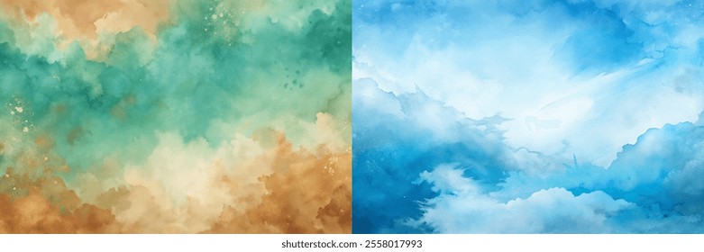 Two paintings of the sky with one being blue and the other being green. The blue sky has a more serene and peaceful mood, while the green sky has a more vibrant and energetic feel