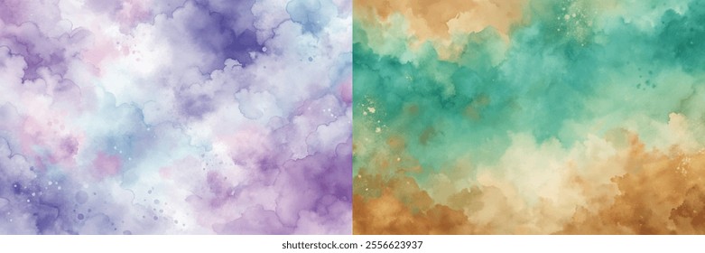 Two paintings of a sky with purple and green colors. The first painting has a purple sky with a green tree in the background
