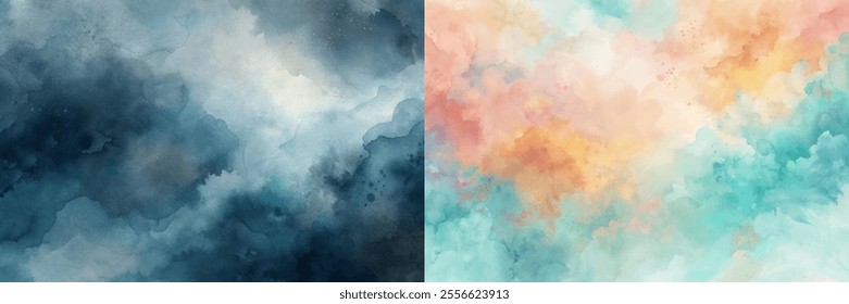 The two paintings are of a sky with a stormy look. The first painting has a darker blue sky with white clouds, while the second painting has a lighter blue sky with orange and yellow clouds