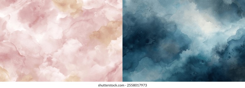 Two paintings of watercolor clouds, one pink and one blue. The pink one is more subtle and the blue one is more intense