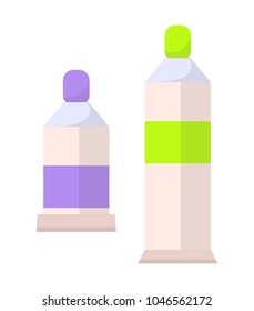 Two paints bottles set, flacons vector banner, Illustration with vials isolated on white backdrop, full and half full bottles, lilac and green paints