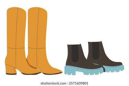 Two pair of colorful autumn shoes hand drawn in watercolor style isolated on white. Cartoon boots front view vector flat illustration. Casual stylish seasonal footwear