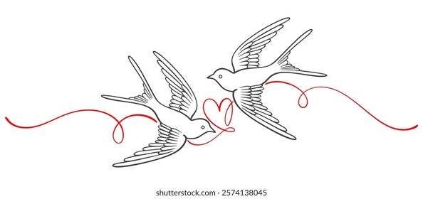 two pair couple swallow swift birds with love symbol line art style vector illustration