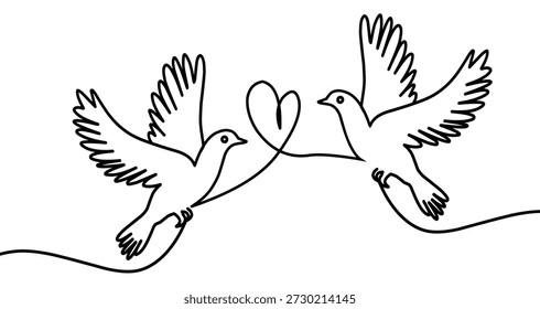 two pair couple swallow swift birds with love symbol line art style vector illustration.