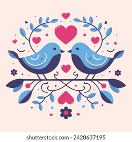 two pair cute colourful vibrant love bird parrot couple perched on a branch of a tree heart shape on middle surrounded by flower valantines day concept theme wall art decoration greeting card symbol