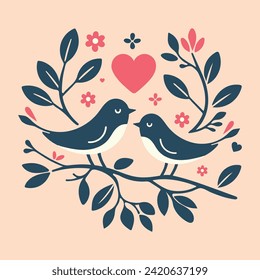 two pair cute colourful vibrant love bird parrot couple perched on a branch of a tree heart shape on middle surrounded by flower valantines day concept theme wall art decoration greeting card symbol