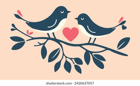 dos pares adorable pareja de loro de pájaro amor vibrante encaramado en una rama de una forma de corazón arbolado en el medio rodeado de floridas valantinas concepto de día tema decoración de arte de la pared señalización símbolo de tarjeta de felicitación texto