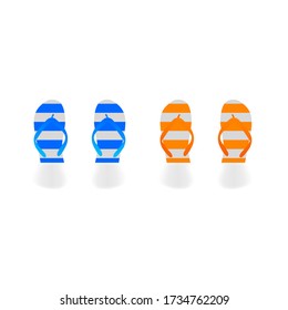 Two pair of flip flops blue and orange colors. Beach accessories. Stock vector illustration on white isolated background.