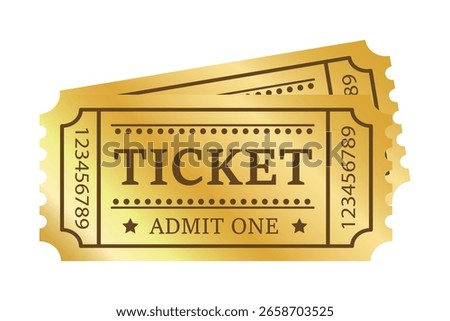 Two, pair golden ticket isolated isolated on white background. Cinema, theater, concert, play, party, event, festival black and gold ticket realistic template set. Ticket icon for website.