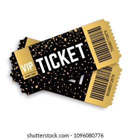Two, pair golden vector vip tickets. Realistic 3d design with gold confetti on white background. Concert, cinema, movie, party, event, dance, festival premium collection.