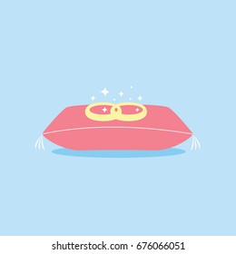 two or pair rings flat design style vector icon isolated cartoon for engagement couple & marriage on a royal pillow or cushion. bride & groom wedding invitation