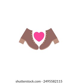 Two and a pair of shoes for woman with heart. Colored vector icon on white background. Women's boots together with a heart. 