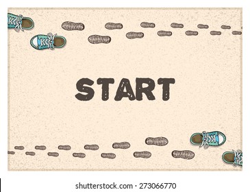 two pair sneaker and footprint, start, sketch vector illustration