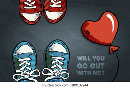 two pair of sneakers, red balloon in heart shape, inscription with invitation for go out, black grey textured  background, top view, vector illustration