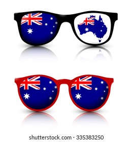 Two pair of trendy sunglasses with Australia flag lens and australian map. Red and Black frame. Vector illustration.