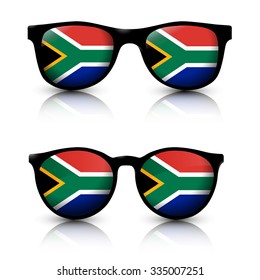 Two pair of trendy sunglasses with South Africa flag lens. Vector illustration.