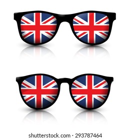 Two pair of trendy sunglasses with United Kingdom flag lens.