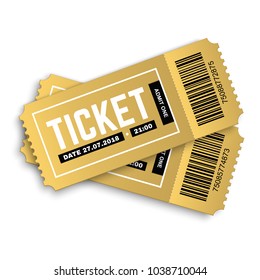 Two, pair vector golden tickets isolated on white background. Cinema, theatre,  concert, play, party, event and festival gold ticket realistic template set. Ticket icon for website. 