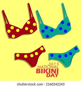 Two pairs of bikinis in red and blue with dot patterns and bold texts on yellow background, National Bikini Day July 5