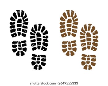 Dois pares de pegadas de bota um preto e um marrom no fundo branco