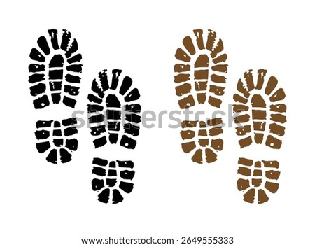 Two pairs of boot footprints one black and one brown on white background