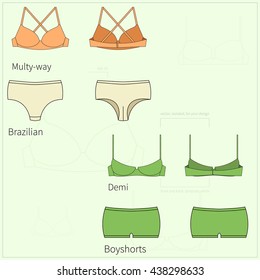 Two pairs of bright plane simple women`s underwear in front and back views. Vector