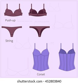 Two pairs of bright plane simple women`s underwear in front and back views. Vector