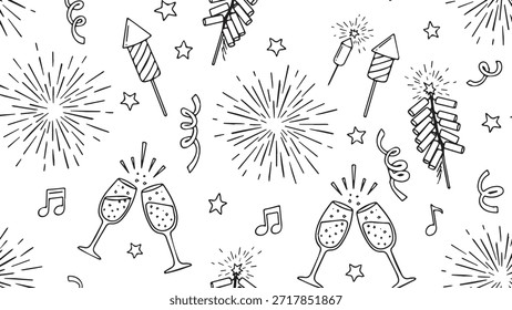 Zwei Paar Champagnergläser, die in einem festlichen Toast zusammenklingen, umgeben von festlichen Elementen wie Feuerwerk und Konfetti.