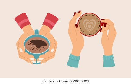 Two pairs of female hands with cups of coffee. Morning hot drink. Coffee break. Hand drawn vector illustration isolated on background. Modern flat cartoon style.