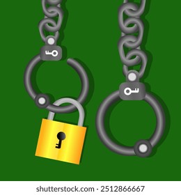 Two pairs of handcuffs hanging from chains against a green background vector illustration. Suitable for security crime and law content