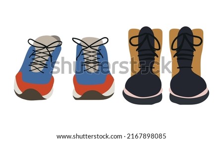 Two pairs of hand-drawn shoes isolated on white. Cartoon sneakers and boots front view flat vector illustration. casual elegant seasonal footwear.