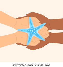 Two pairs of hands of different skin tones holding a blue starfish, top view. Flat vector illustration