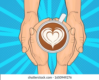 Dos pares de manos y el arte tardío. Concepto de amor al café.Amantes. Ilustración vectorial de pop Art