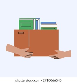 Dos pares de manos participan en un intercambio deliberado, centrado alrededor de una caja marrón llena de libros. La ilustración mínima sugiere un concepto de intercambio de conocimiento o entrega educativa.