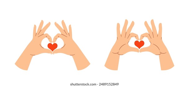 Dos Pares De Manos Que Forman Formas De Corazón Con Símbolos Rojos En El Centro. Vector Imagen Transmite Amor, Amistad