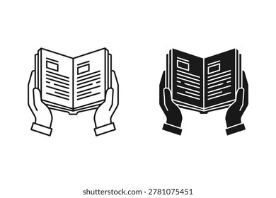 Two pairs of hands gripping open books with visible text lines. Simple line art style depicting reading activity without background distractions.