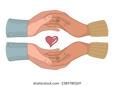 Two pairs of hands with heart inside. Doodle of love concept, St Valentine holiday design. Cartoon vector illustration isolated on white.