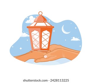Two pairs of hands holding a lantern at night. Bright evening atmosphere. Ramadan Kareem concept. Flat vector modern illustration.