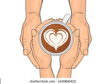 Two pairs of hands and latte art. Coffee love concept. Vector illustration isolated on white background.