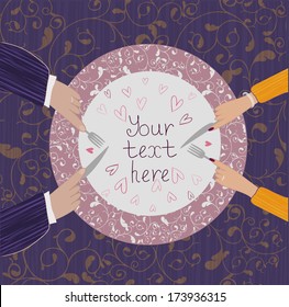 Two pairs of hands near the plate on a background with curly pattern