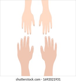 Two pairs of hands reaching each other. Male hands reaching for female hands. Vector illustration.