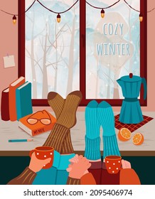 Two pairs of legs are lying side by side on the table. Guy and girl are holding hands. Outside the window is a winter landscape. Coffee maker and books on the table. Cozy winter. Vector illustration